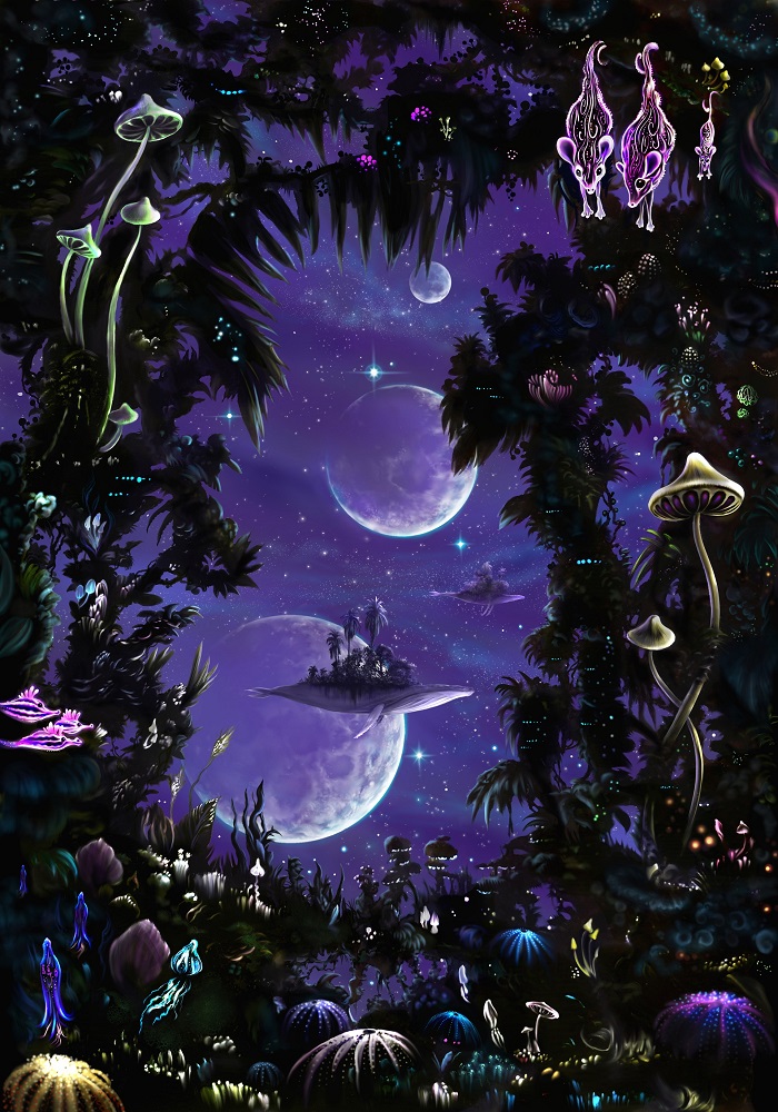 Happy woman hiker in a misty forest